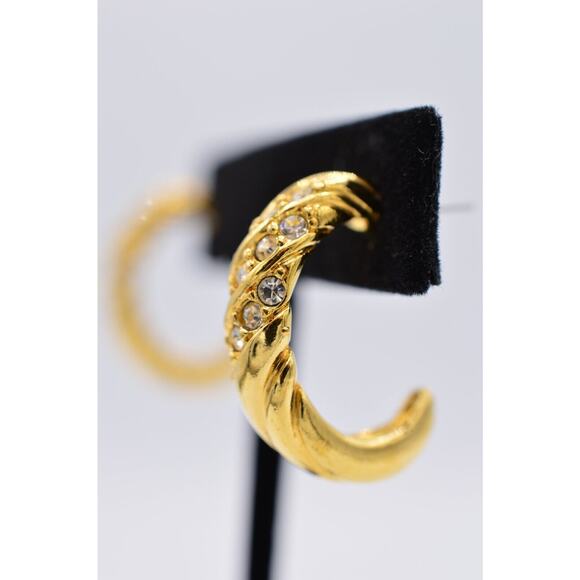 Avon Vintage Hoops Earrings Pave Rhinestone Crystal Gold Tone Signed 1980s 9M - Picture 10 of 12